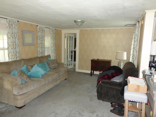 59 Main St, Shapleigh, ME 04076 - carpeted living room featuring wallpapered walls and ornamental molding