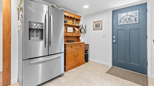 2857 Ohio St, Glenburn, ME 04401 - kitchen featuring stainless steel refrigerator with ice dispenser, open shelves, brown cabinetry, and recessed lighting