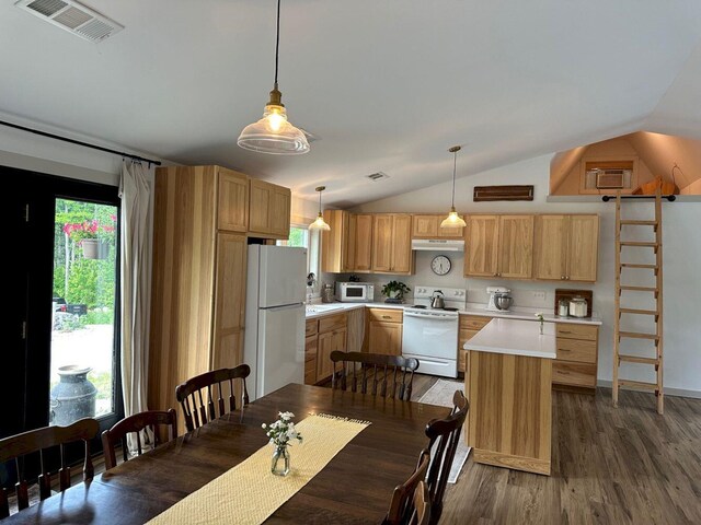 599 Mile Square Rd, Avon, ME 04966 - kitchen featuring white appliances, light countertops, lofted ceiling, dark wood finished floors, and under cabinet range hood