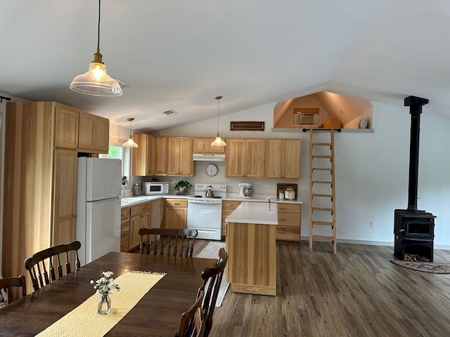 599 Mile Square Rd, Avon, ME 04966 - kitchen featuring white appliances, light countertops, vaulted ceiling, dark wood finished floors, and under cabinet range hood