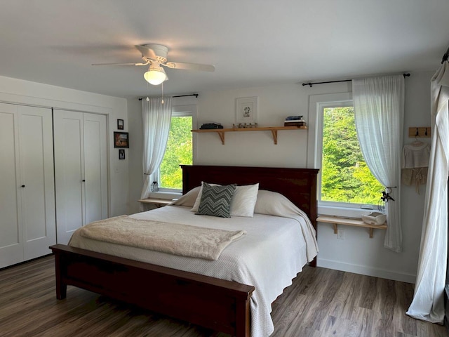 599 Mile Square Rd, Avon, ME 04966 - bedroom featuring wood finished floors, a closet, and ceiling fan