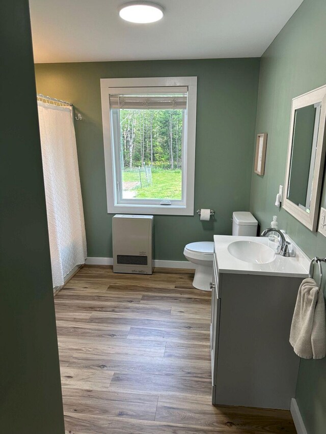 599 Mile Square Rd, Avon, ME 04966 - full bath featuring heating unit, vanity, wood finished floors, and curtained shower