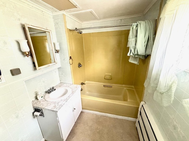 41 York St, Millinocket, ME 04462 - full bath featuring vanity,  shower combination, a baseboard heating unit, and ornamental molding