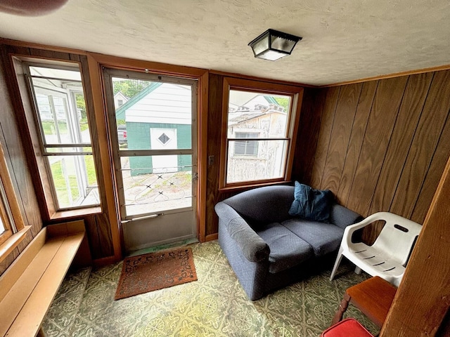 41 York St, Millinocket, ME 04462 - entryway featuring a textured ceiling, light floors, and wooden walls
