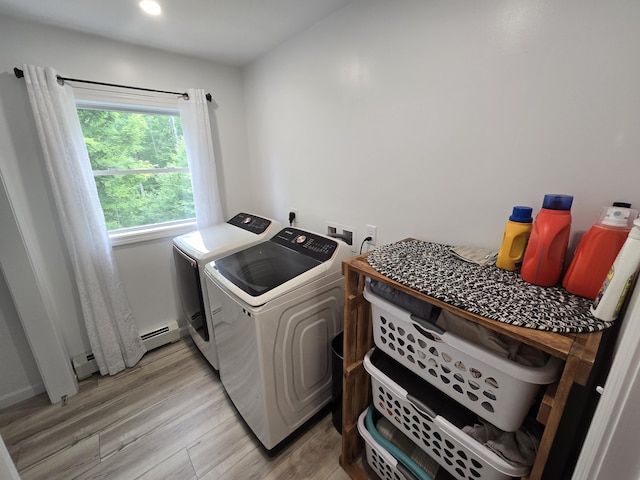 1083 N Rd, Newburgh, ME 04444 - laundry room with a baseboard radiator, light wood finished floors, independent washer and dryer, and recessed lighting