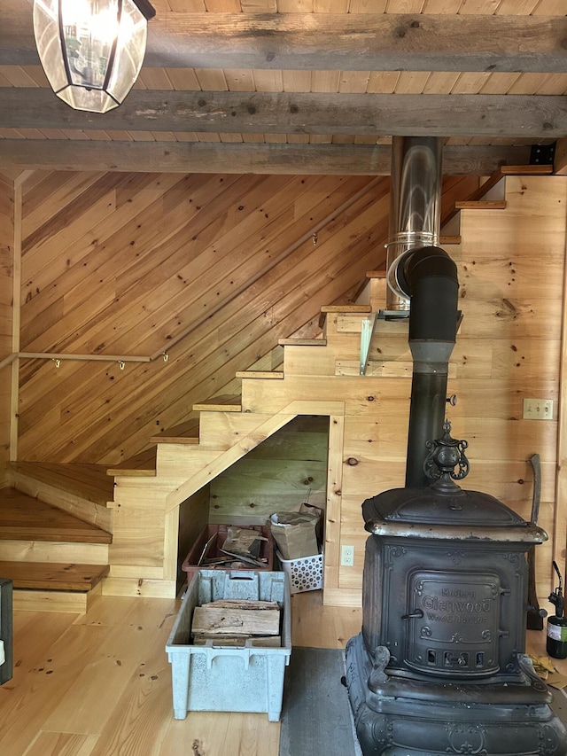 704 Sawyers Mills Rd, Starks, ME 04911 - stairs featuring a wood stove, wooden ceiling, hardwood / wood-style flooring, and wood walls