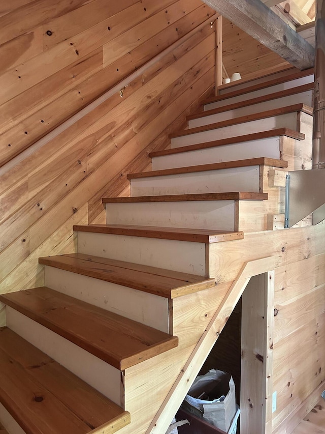 704 Sawyers Mills Rd, Starks, ME 04911 - stairway with wood walls and a relaxing sauna