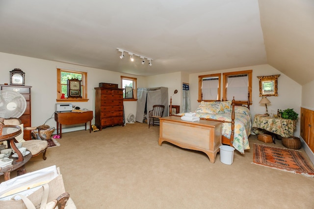 365 Waterville Rd, Skowhegan, ME 04976 - bedroom featuring light colored carpet, track lighting, and lofted ceiling