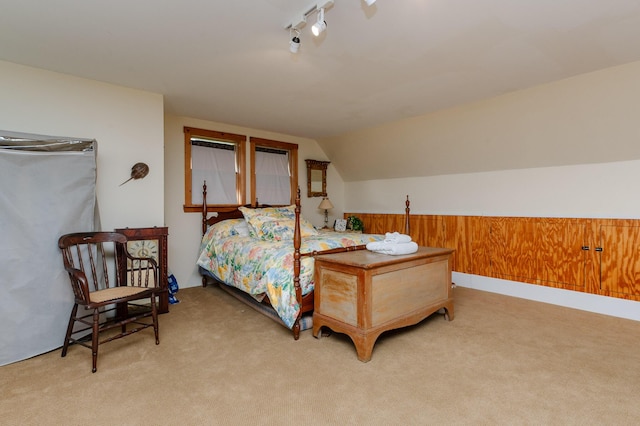 365 Waterville Rd, Skowhegan, ME 04976 - bedroom featuring vaulted ceiling, light colored carpet, and track lighting