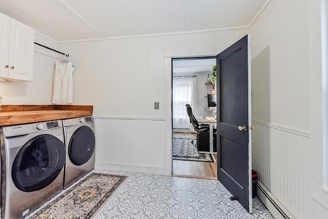 171 Bassett Rd, Winslow, ME 04901 - washroom featuring independent washer and dryer, a baseboard radiator, a wainscoted wall, an office area, and crown molding