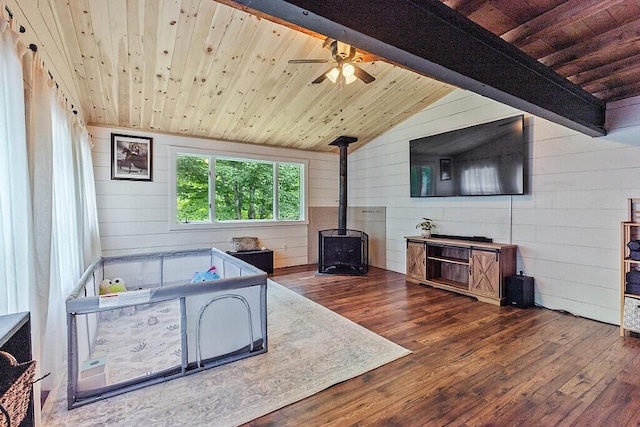 171 Bassett Rd, Winslow, ME 04901 - living room featuring wood finished floors, a wood stove, wooden ceiling, wooden walls, and a ceiling fan