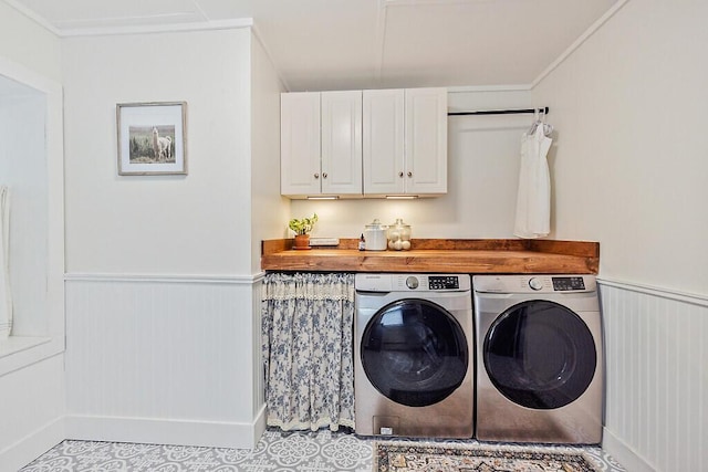 171 Bassett Rd, Winslow, ME 04901 - laundry area with washer and clothes dryer, a wainscoted wall, and crown molding