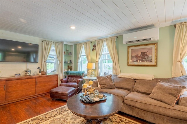 25 Pine View Ridge Rd, Boothbay, ME 04537 - living area with a wall mounted air conditioner, wood ceiling, wood finished floors, and recessed lighting