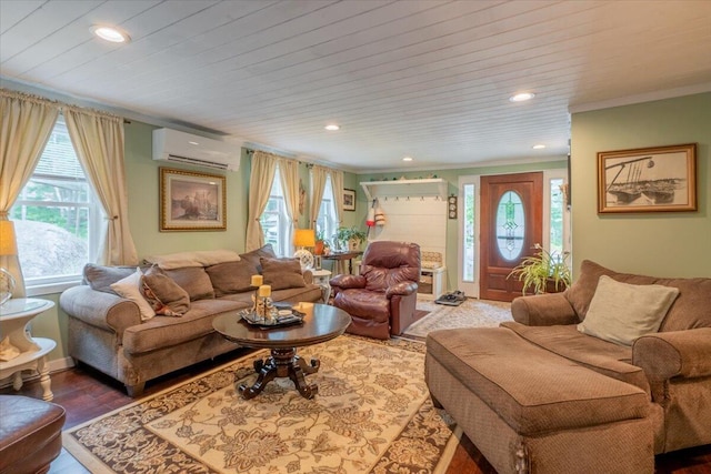 25 Pine View Ridge Rd, Boothbay, ME 04537 - living room with an AC wall unit, plenty of natural light, ornamental molding, recessed lighting, and wood finished floors