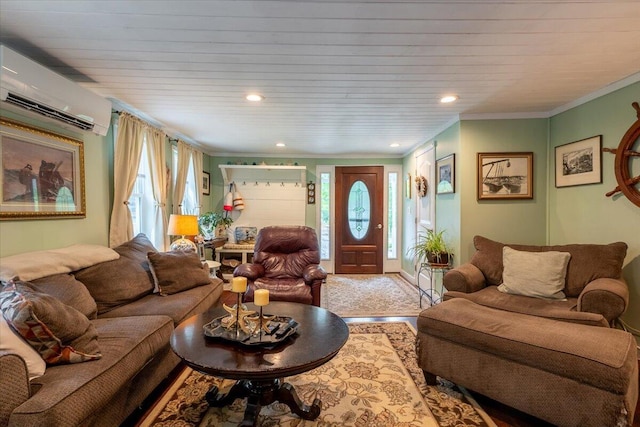 25 Pine View Ridge Rd, Boothbay, ME 04537 - living room featuring healthy amount of natural light, a wall unit AC, crown molding, recessed lighting, and wood finished floors