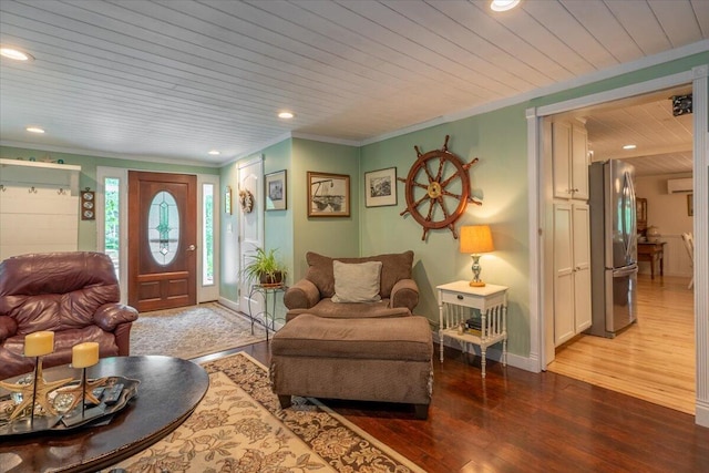 25 Pine View Ridge Rd, Boothbay, ME 04537 - foyer entrance with wood ceiling, wood finished floors, recessed lighting, an AC wall unit, and ornamental molding