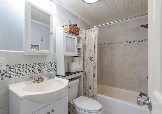 25 Pine View Ridge Rd, Boothbay, ME 04537 - bathroom with vanity, shower / bath combo, and decorative backsplash