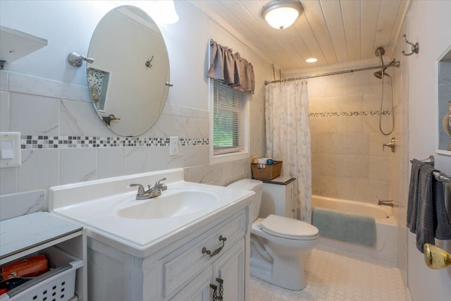 25 Pine View Ridge Rd, Boothbay, ME 04537 - full bathroom with vanity, shower / bath combo with shower curtain, tile walls, and tile patterned flooring