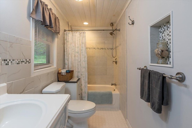 25 Pine View Ridge Rd, Boothbay, ME 04537 - full bathroom featuring shower / bath combo, tile walls, vanity, and tile patterned flooring
