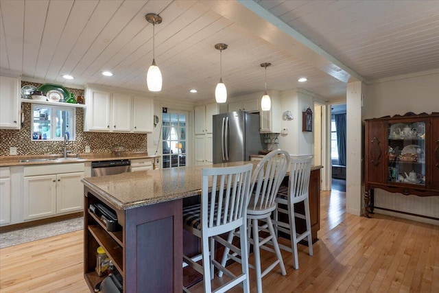 25 Pine View Ridge Rd, Boothbay, ME 04537 - kitchen with appliances with stainless steel finishes, open shelves, white cabinets, plenty of natural light, and wood ceiling