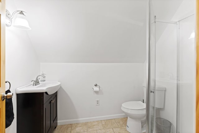 14 Moody Pond Rd, Windsor, ME 04363 - bathroom with vanity, vaulted ceiling, and a shower with door