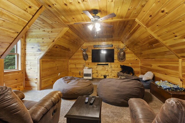 14 Moody Pond Rd, Windsor, ME 04363 - living area featuring wood ceiling, wood walls, carpet, lofted ceiling, and a ceiling fan