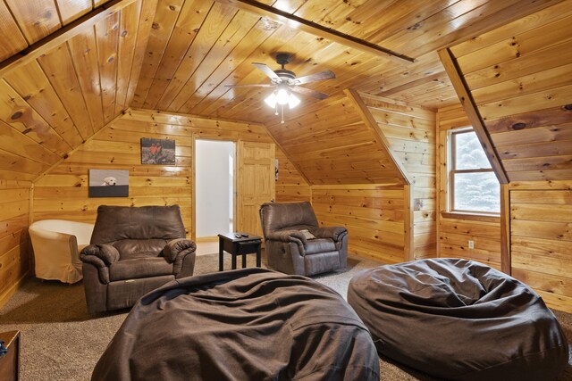 14 Moody Pond Rd, Windsor, ME 04363 - carpeted living area with wooden walls, wood ceiling, lofted ceiling, and ceiling fan