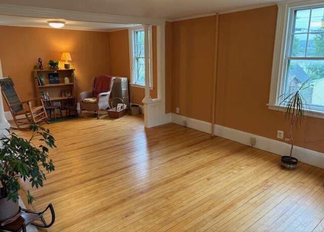 37 Central St, Hallowell, ME 04347 - living area featuring wood-type flooring, healthy amount of natural light, ornamental molding, and decorative columns