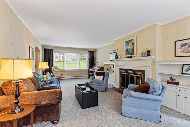 8 Kling St, Augusta, ME 04330 - carpeted living area featuring crown molding, a baseboard heating unit, a brick fireplace, and arched walkways