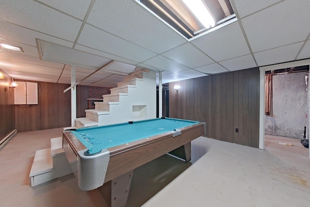28 Colony Rd, Augusta, ME 04330 - recreation room featuring a drop ceiling, pool table, wood walls, and concrete floors