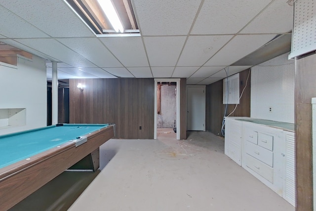 28 Colony Rd, Augusta, ME 04330 - playroom with a paneled ceiling, wooden walls, concrete flooring, and billiards