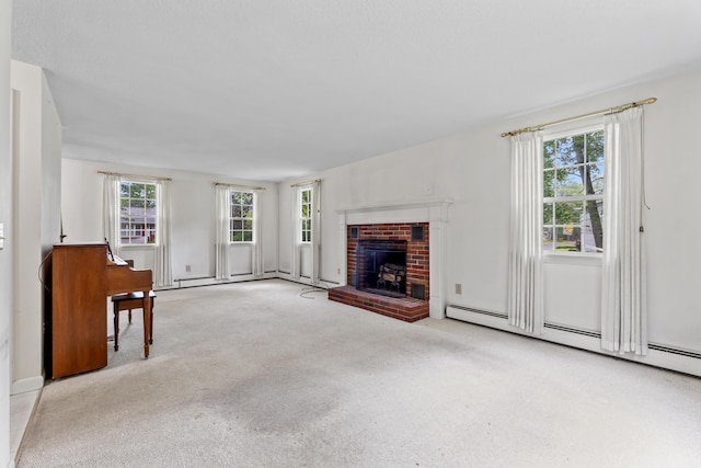 28 Colony Rd, Augusta, ME 04330 - unfurnished living room with baseboard heating, a brick fireplace, and carpet floors