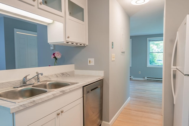 459 Allen Ave Unit 5, Portland, ME 04103 - kitchen with stainless steel dishwasher, freestanding refrigerator, a baseboard radiator, and light wood-style flooring