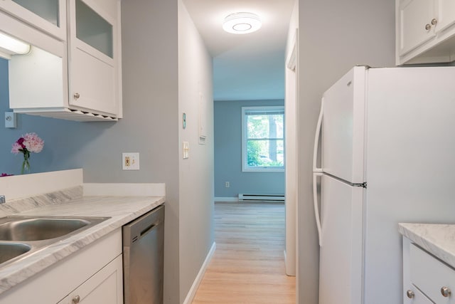 459 Allen Ave Unit 5, Portland, ME 04103 - kitchen featuring freestanding refrigerator, baseboard heating, dishwasher, light wood-style flooring, and white cabinetry