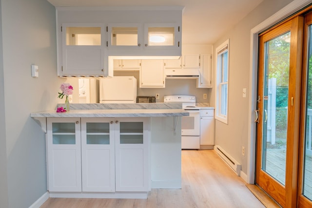 459 Allen Ave Unit 5, Portland, ME 04103 - kitchen with white appliances, baseboard heating, under cabinet range hood, and light countertops