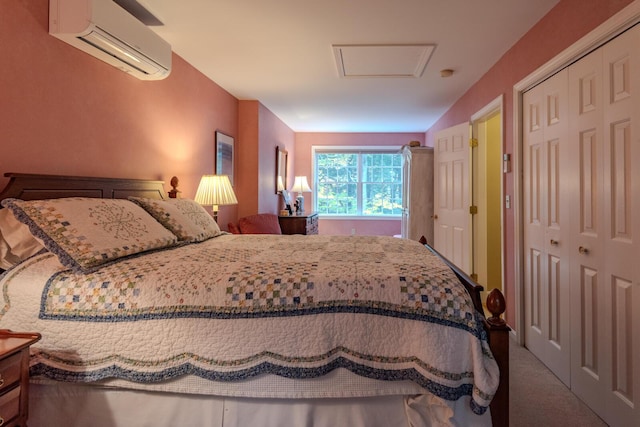 51 Tracy Cove Cir, Rome, ME 04963 - bedroom featuring a wall mounted air conditioner, attic access, and carpet flooring
