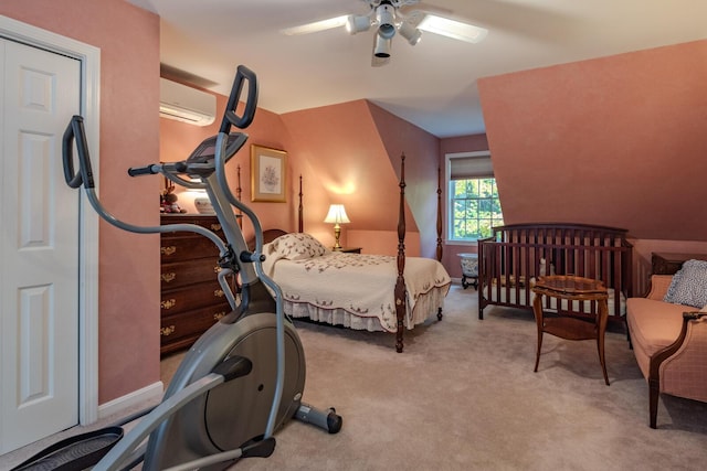 51 Tracy Cove Cir, Rome, ME 04963 - bedroom with a wall mounted air conditioner, carpet flooring, and a ceiling fan