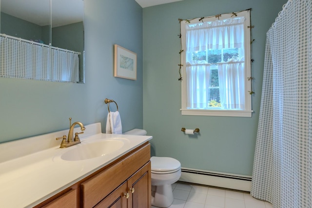 51 Tracy Cove Cir, Rome, ME 04963 - bathroom with a baseboard heating unit, vanity, a shower with curtain, and tile patterned floors