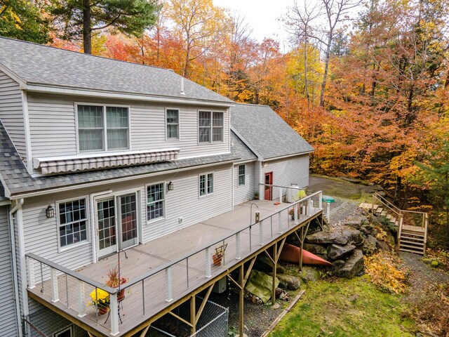 51 Tracy Cove Cir, Rome, ME 04963 - rear view of property with a wooden deck, roof with shingles, and stairs
