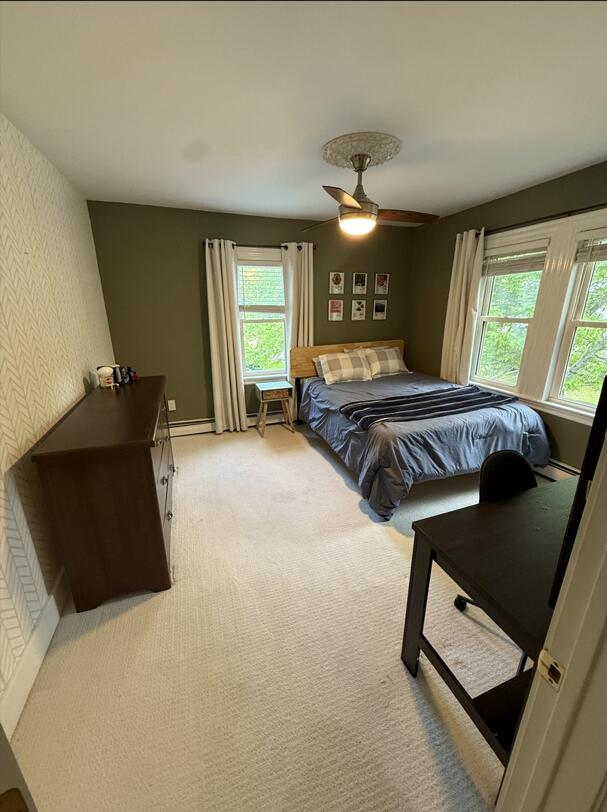 45 Tyler Ave, Bangor, ME 04401 - bedroom featuring light carpet, wallpapered walls, and ceiling fan