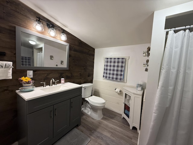 628 Springy Pond Rd, Otis, ME 04605 - bathroom with wood walls, lofted ceiling, vanity, wood finished floors, and a shower with curtain