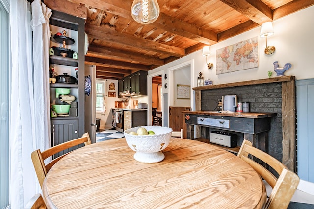 860 Gardiner Rd, Wiscasset, ME 04578 - dining space with a wood ceiling with exposed beams