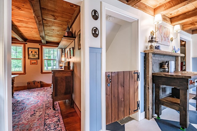 860 Gardiner Rd, Wiscasset, ME 04578 - corridor featuring a wood ceiling with exposed beams and wood finished floors