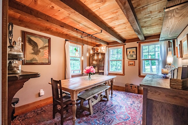 860 Gardiner Rd, Wiscasset, ME 04578 - dining room with a wood ceiling with exposed beams and plenty of natural light