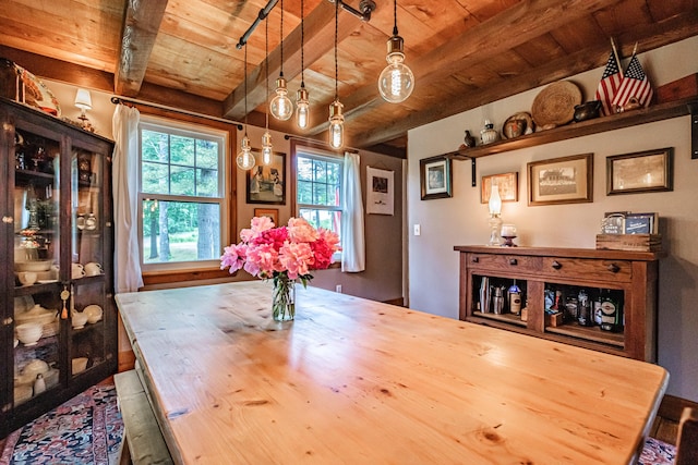 860 Gardiner Rd, Wiscasset, ME 04578 - dining room featuring a wooden ceiling with exposed beams