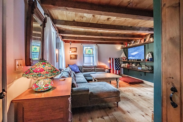 860 Gardiner Rd, Wiscasset, ME 04578 - living room featuring hardwood / wood-style flooring and a wood ceiling with exposed beams