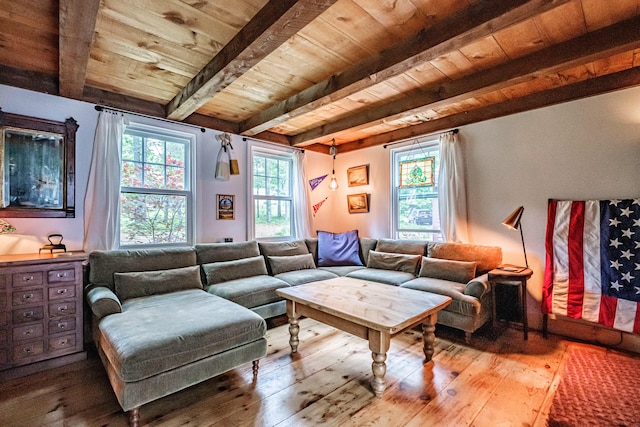 860 Gardiner Rd, Wiscasset, ME 04578 - living room with a wood ceiling with exposed beams, plenty of natural light, and wood-type flooring