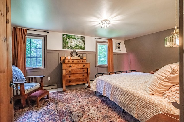 860 Gardiner Rd, Wiscasset, ME 04578 - bedroom with a baseboard radiator, multiple windows, and a wainscoted wall