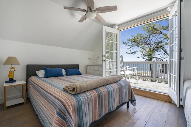39 Main Ave, Saco, ME 04072 - bedroom with access to exterior, wood-type flooring, lofted ceiling, a water view, and ceiling fan
