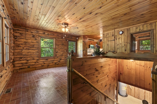 31 Convene Rd, Sebago, ME 04029 - stairs featuring brick patterned floors, ceiling fan, and wood ceiling